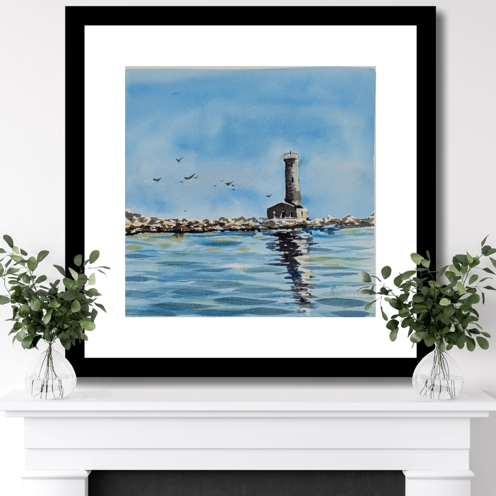 Seaside Lighthouse Watercolor Painting